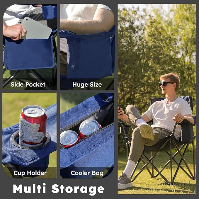 Oversized Camping Chairs 2 Pack - 450lbs Support Heavy Duty Folding Camp Chair Wide Portable Outside Collapsible Chairs with Carry Bag,Cooler,Cup Holder for Outdoor,Lawn,Sports,Baseball,Soccer-Navy
