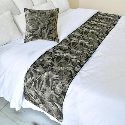 The HomeCentric King/Queen/Twin Grey Decorative Bed Runner Twin 53"x18" Bed Runner with One Pillow Cover, Embroidery, Floral, Pearl Bed Scarf on Jacquard Fabric - Liana
