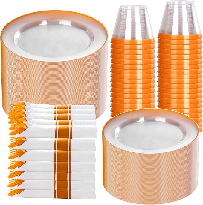 SUT 350Pcs Orange and Clear Plastic Dinnerware Set