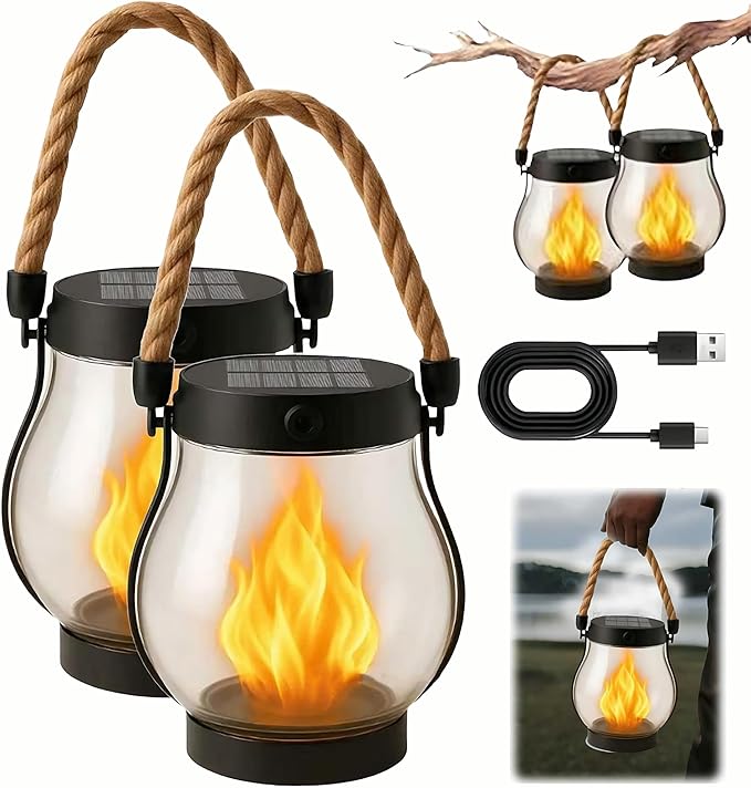 Kaliqo Solar Lantern Outdoor Lights Solar Lantern Waterproof Flickering Flame Hanging Lanterns for Patio Yard Garden Decor (2 Pcs)