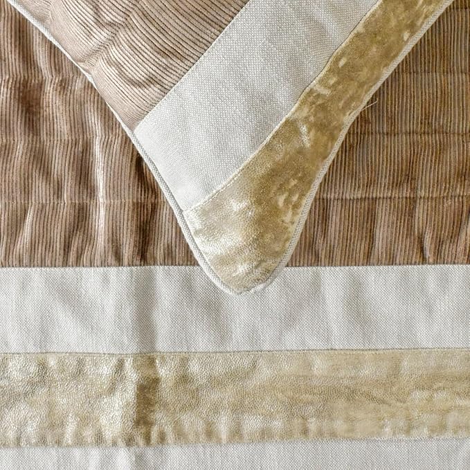 The HomeCentric King/Queen/Twin Beige Luxury Twin 53"x18" Bed Runner with One Pillow Cover, Velvet & Patchwork Bed Scarf on Velvet Fabric - Luxe Velvet Lines