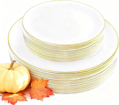 KIRE 60PCS Gold Plastic Plates - Thanksgiving Heavy Duty White Disposable Plates with Gold Rim for Party/Wedding- Include 30Pieces 10.25inch Dinner Plate and 30Pcs 7.5inch Dessert Plate