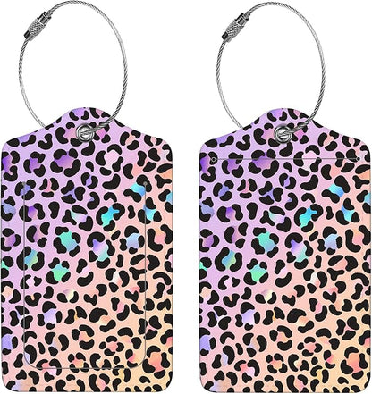 2 Pcs Luggage Tags for Suitcases,PU Leather Cruise Ship Luggage Tags with Privacy Cover Label Address Card and Durable Metal Ring Suitable for Men Women Children Handbags Backpacks,Gradient Leopard