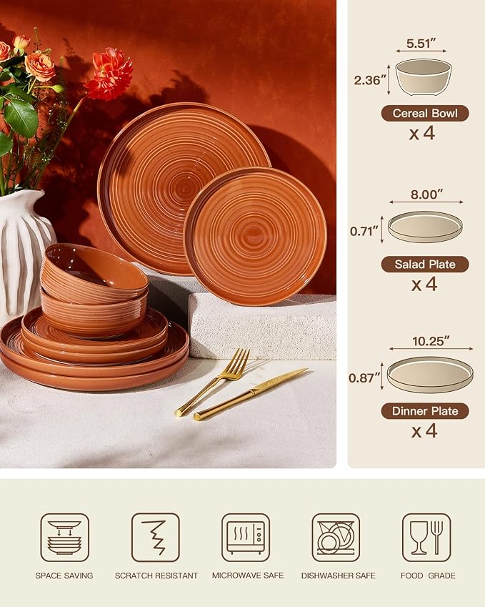 Dinnerware Set for 4, Ceramic Plates and Bowls, Terracotta | 12-Piece Ceramic