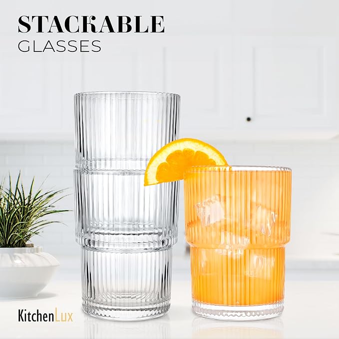 Kitchen Lux Ribbed Glass Cups 15oz Lowball Short Rocks Glass | Stackable Ribbed