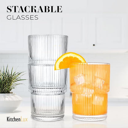 Kitchen Lux Ribbed Glass Cups 15oz Lowball Short Rocks Glass | Stackable Ribbed