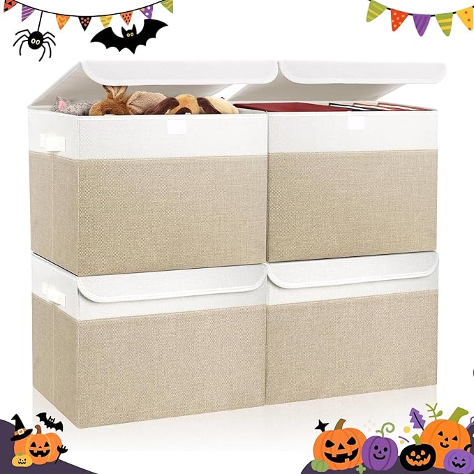 Large 22 Quart Linen Fabric Foldable Storage Bin Cube Organizer Basket with Flip-Top Lid & Handles, Clothes Blanket Box for Home, Office, Closet, Beige & White, 4 Pack 14.6 x 9.5 x 9.5”