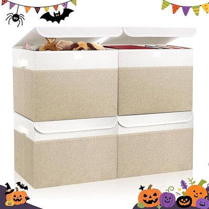 Large 22 Quart Linen Fabric Foldable Storage Bin Cube Organizer Basket with Flip-Top Lid & Handles, Clothes Blanket Box for Home, Office, Closet, Beige & White, 4 Pack 14.6 x 9.5 x 9.5”