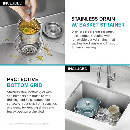 KRAUS Standard PRO 23-Inch 16 Gauge Undermount Single Bowl Stainless Steel Kitchen Sink, KHU101-23