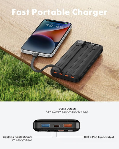 charmast 20000mAh Portable Charger with Built in Cables, 22.5W Travel Power Bank Fast Charging, USB C Cell Phone Battery Pack for iPhone 16/15/14/13/12/11 Series, iPad, Samsung, Android, Tablet