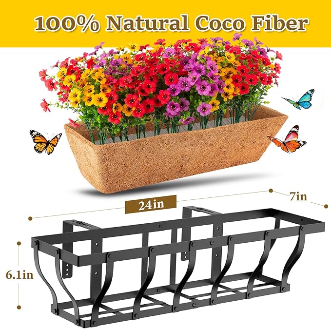 Railing Planter Boxes with Artificial Flowers, Adjustable Balcony Planters