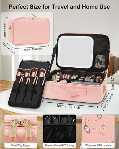 Chomeiu Makeup Bag with LED Mirror, Travel Cosmetic Train Case for Women, Makeup Artists Large Organizer Box with Vanity Light Up Mirror, 3 Color Lights, Adjustable Dividers & Shoulder Strap (Black)