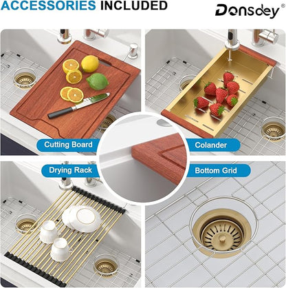 33 Inch Quartz Drop In White Kitchen Sink-Donsdey Double Bowl Topmount Granite Composite Workstation Sinks Double Basin Large Bowl Hard and Durable Noise Reduction Luxury Accessories