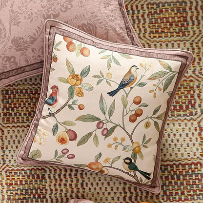 Square Pink Farmhouse Throw Pillow Covers, Birds and Flowers Pattern Cozy Velvet Pillowcases,Decoration Pillows Cushion Covers for Couch Sofa Bed Car Chair,18"x18"