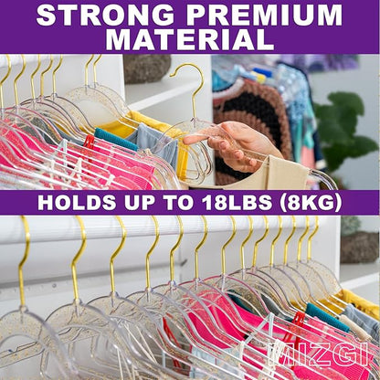 Premium Clear Invisible Acrylic Hangers,Crystal Plastic Hangers with Bling Gold Glitter 50 Pack Ultra Slim & Space Saving Suit Hangers for Coats, Pants & Dress Clothes