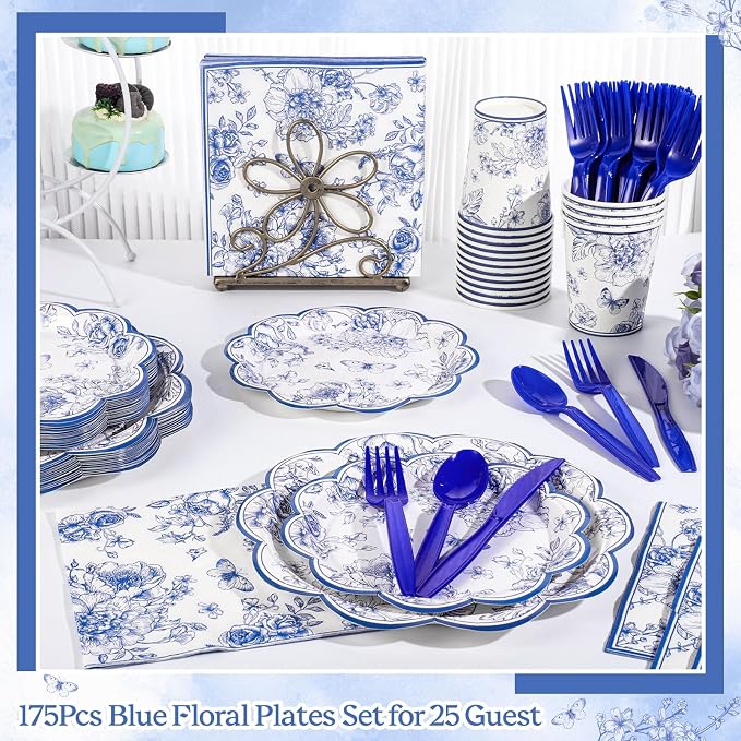 NatNarr Blue Floral Party Supplies Set