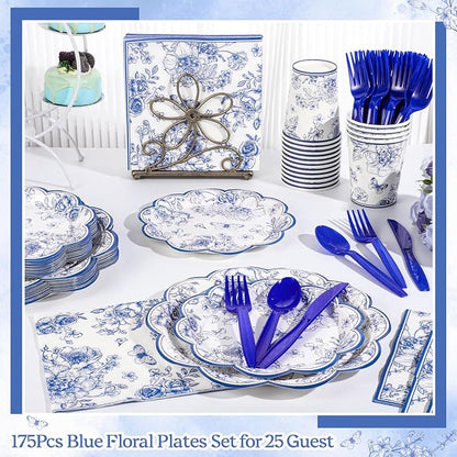 NatNarr Blue Floral Party Supplies Set