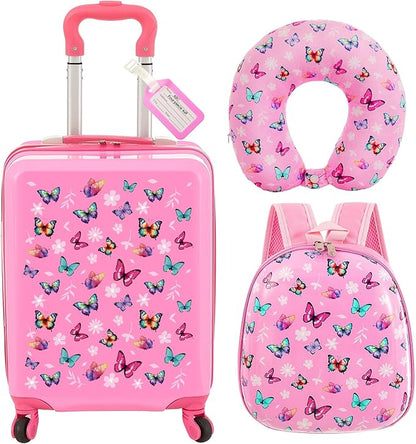 Sanwuta 4 Pcs Kids Luggage Set Kids Backpack Travel Rolling Suitcase with Wheels U-shape Pillow Childrens Gift for Girls Boys(17 Inch,Butterfly Style,Rose Pink)