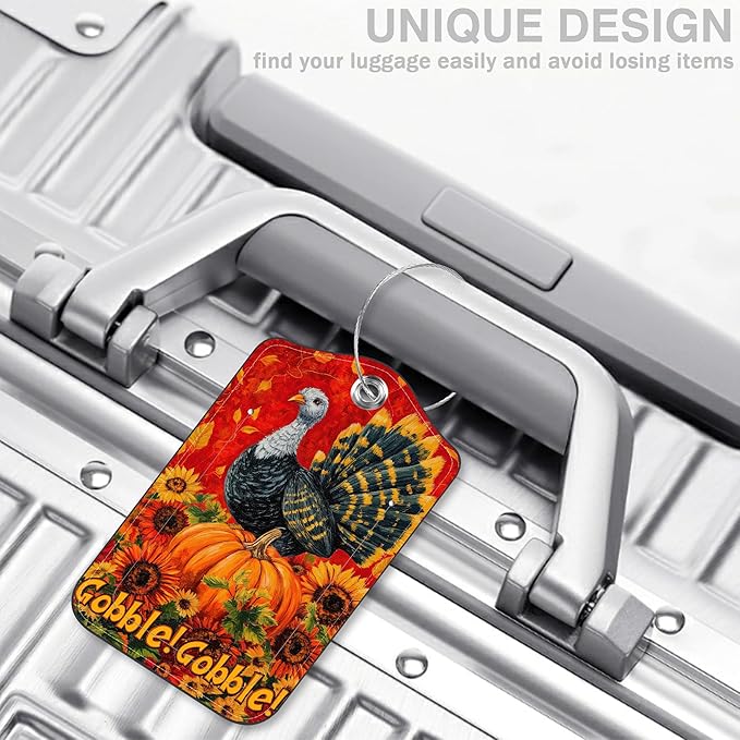 2 Pack Pumpkin and Sunflower Luggage Tags for Suitcases Autumn Turkey Leather Luggage Tags Privacy Cover ID Label with Stainless Steel Loop and Address Card for Women Men Travel Bag Backpack