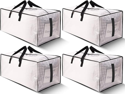 4 Pack Large Strong Moving Bags with Zippers & Carrying Handles - Water-Resistant - Heavy Duty Storage Tote for Space Saving, Fold Flat, Alternative to Moving Box (Semi-Transparent)