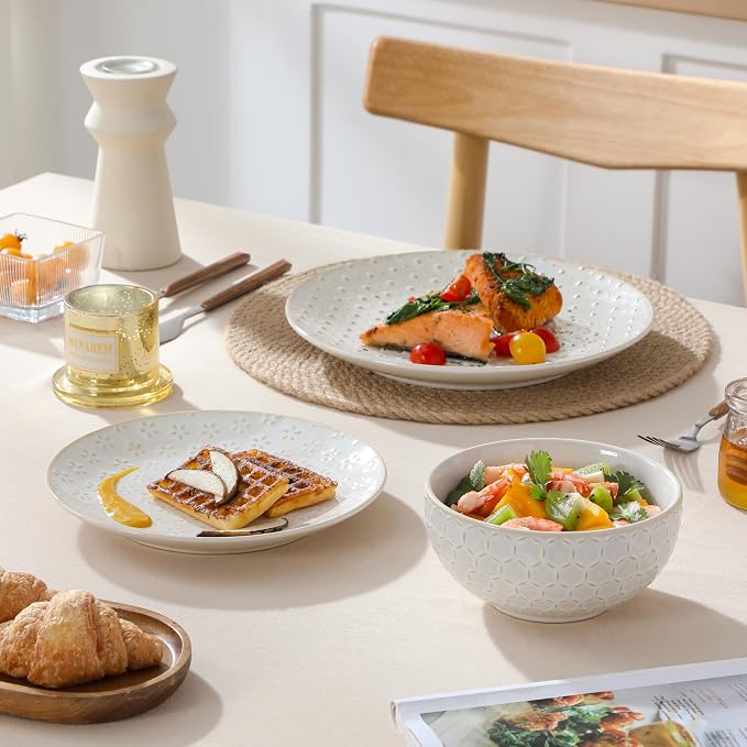 MALACASA 12 Pieces Dinnerware Sets, Farmhouse Plates and Bowls Sets, Embossed
