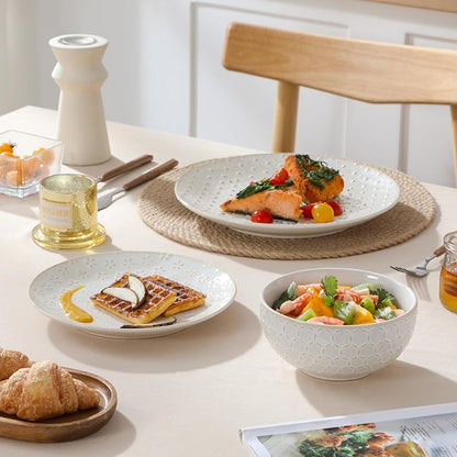 MALACASA 12 Pieces Dinnerware Sets, Farmhouse Plates and Bowls Sets, Embossed