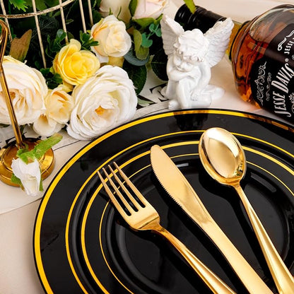 bUCLA 600PCS Black and Gold Disposable Dinnerware Set