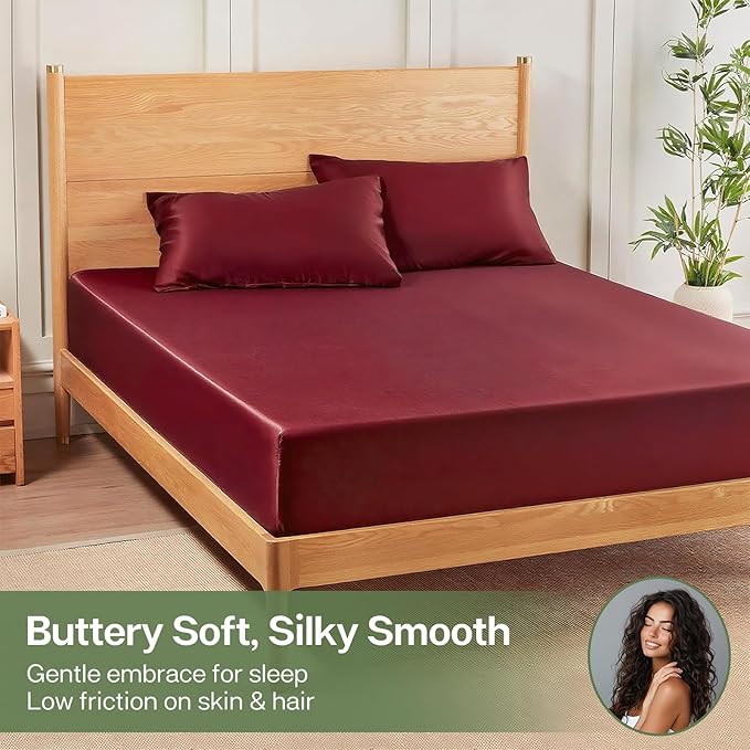 MR&HM Twin Fitted Sheet Only, Ultra-Soft Rayon Derived from Bamboo & Polyester Blend, Silky & Breathable, 15" Deep Pocket with Elastic Straps, Cooling Fitted Sheet for Hot Sleepers, Burgundy