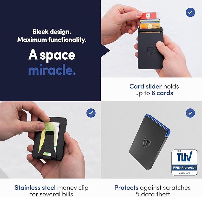 TRAVANDO SLYDE Aluminum Card Holder - RFID Blocking Slim Wallet for Men with Money Clip – Holds Up to 6 Cards – RFID Protected Credit Card Mens Wallet (Black)