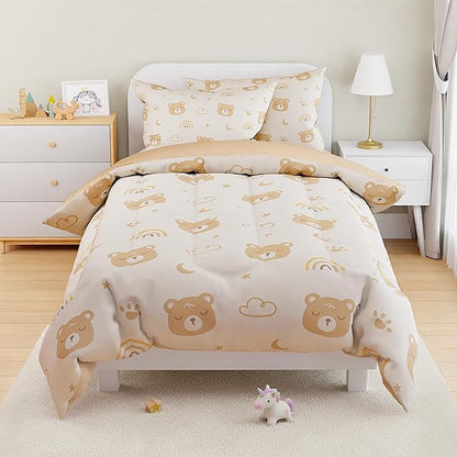 SANDJEST Bear Comforter Set Twin Size 68x86in for Kids Boys Girls Unisex, Microfiber 3 Pcs Bedding Set Includes 1 Comforter, 1 Pillowcase, 1 Fitted Sheet, Nursery Room Decor