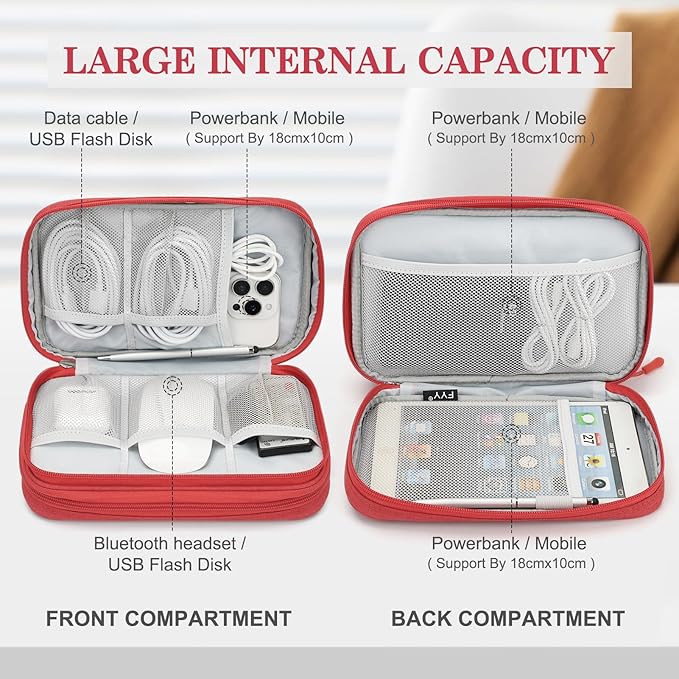 FYY Electronic Organizer, Large Travel Cable Organizer Bag Pouch Electronic Accessories Carry Case Portable Waterproof Double Layers All-in-One Storage Bag for Cable, Cord, Charger, Phone, Red