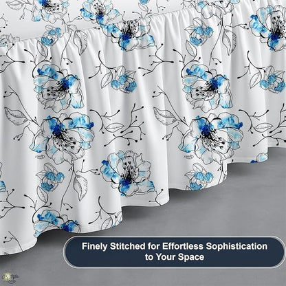 Cottington Lane Ruffled Bed Skirt Queen Size with Split Corner, Brushed Microfiber Hotel Quality Dust Ruffle, 21 Inch Drop Gathered Bedskirt, Soft, Stylish, Shrink & Fade Resistant, Blue Blossom