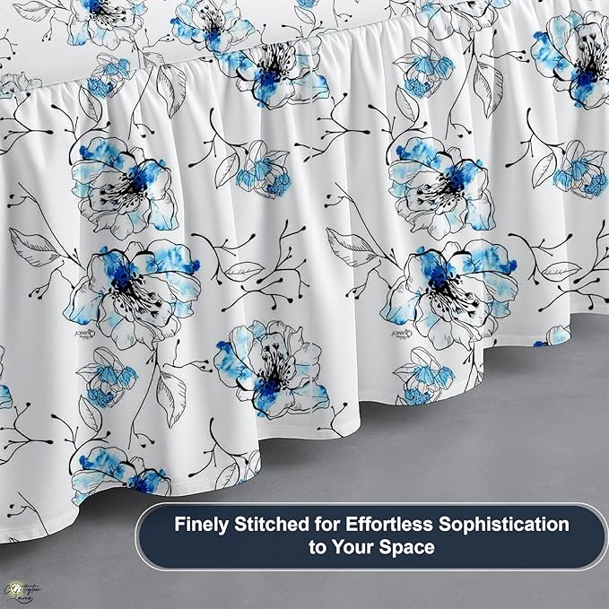 Cottington Lane Ruffled Bed Skirt King Size with Split Corner, Brushed Microfiber Hotel Quality Dust Ruffle, 18 Inch Drop Gathered Bedskirt, Soft, Stylish, Shrink & Fade Resistant, Blue Blossom
