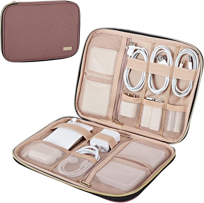 NISHEL Travel Cord Organizer Case, Tech Electronic Bag, Essentials for Charger, Cable, Phone, Hard Drive, USB, SD Card, Rosewood-Pink