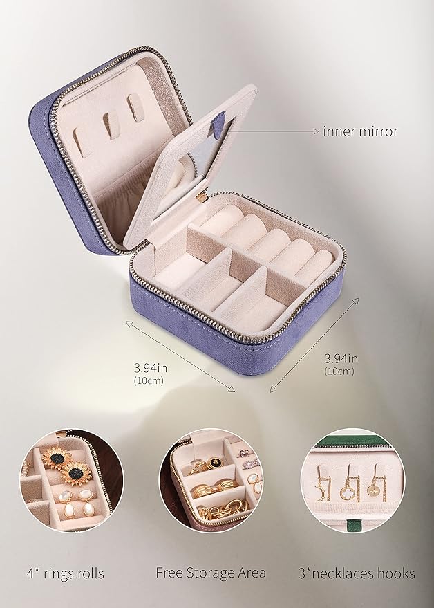 S.Leaf Mini Travel Jewelry Case - Portable Organizer Box for Women (Suede Touch, Dust Lavender)