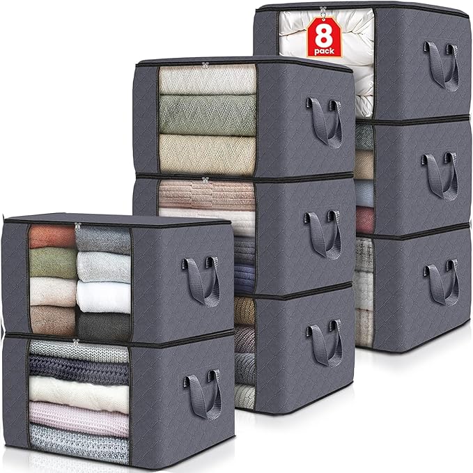Fab totes 8 Pack Clothes Storage, Foldable Thick Fabric Blanket Storage Bags, Containers for Organizing Bedroom, Closet, Clothing, Comforter,Closet Organization with Handle,Grey