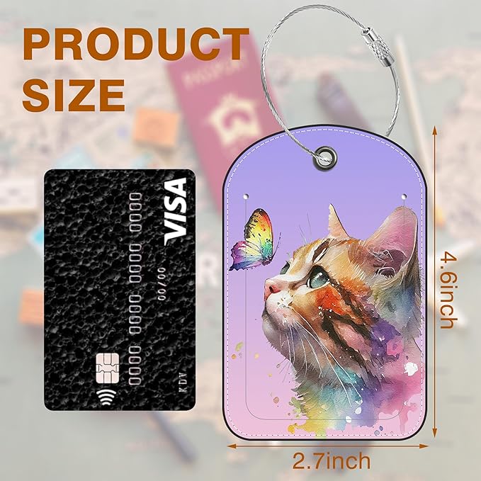2 Pack PU Luggage Tags for Suitcase, Watercolor Cat and Butterfly Suitcase Tag Leather ID Label Bag Tags with Privacy Cover and Metal Loop for Men Women Travel Bag
