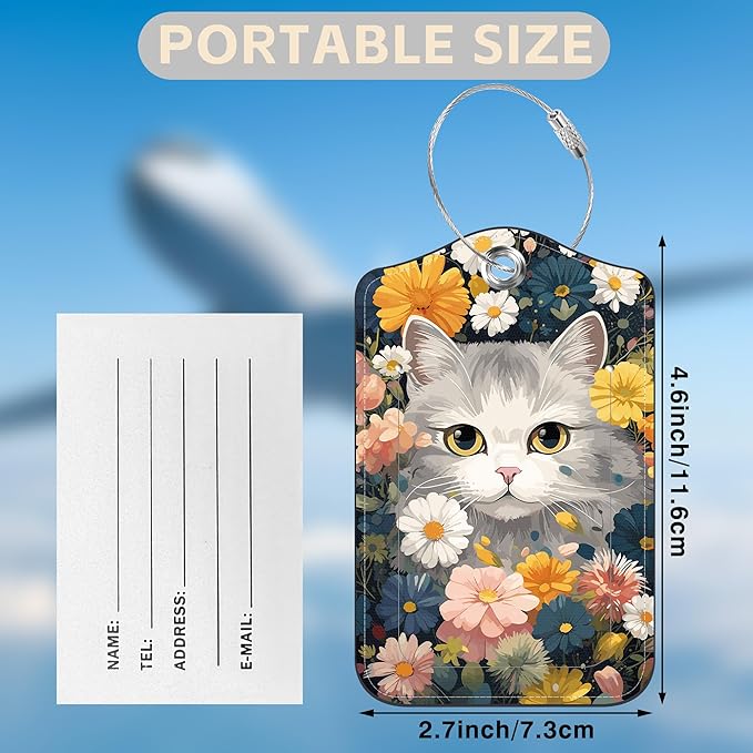 2 Pack Luggage Tags for Suitcases Cute Cat with Colorful Flowers Leather Luggage Tags Privacy Cover ID Label with Stainless Steel Loop and Address Card for Women Men Travel Bag Backpack