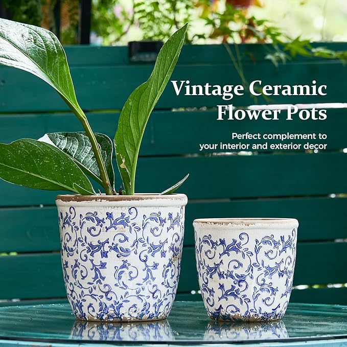 Vintage Ceramic Planter with Drainage Hole, Plastic Tray & Mesh, 5.5 Inch