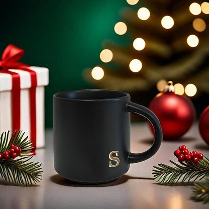 COLLECTIVE HOME Black Ceramic Coffee Mug, 15 oz Golden Monogram Tea Cup |