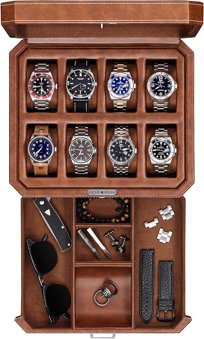 ROTHWELL 8 Slot Leather Watch Box with Valet Drawer - Luxury Case Display Jewelry Organizer, Locking Display Case Holder, Real Glass Top - Watch Box Organizer for Men & Women (Tan/Brown)