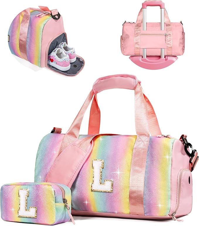 Gifts for 4 5 6 7 8 9 10 Year Old Girls-Girl Gym Bag with Shoe Compartment, Kid Weekender Overnight Bags, Initial Travel Tote with Makeup Pouch, Niece Girls Birthday Gift (Letter L)