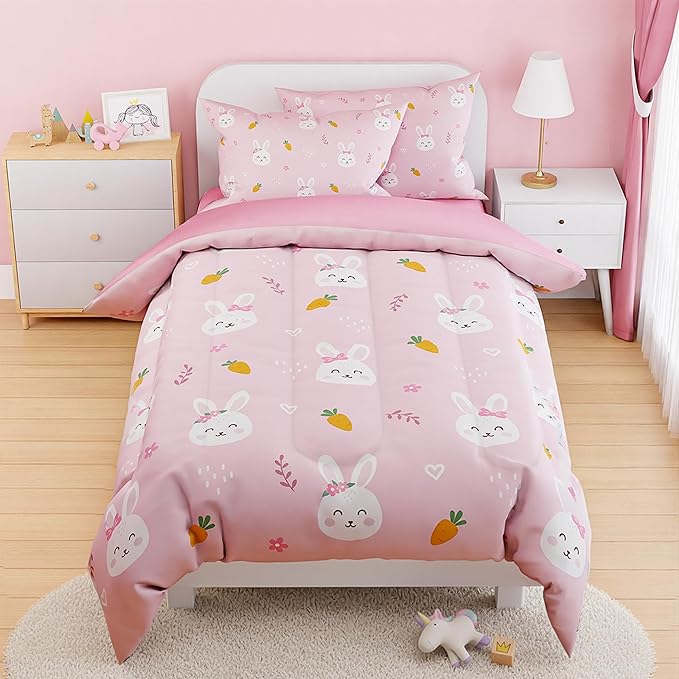 SANDJEST Rabbit Comforter Set Full Size 98x86in for Kids Girls, Microfiber 4 Pcs Bedding Set Includes 1 Comforter, 2 Pillowcases, 1 Fitted Sheet, Nursery Room Decor