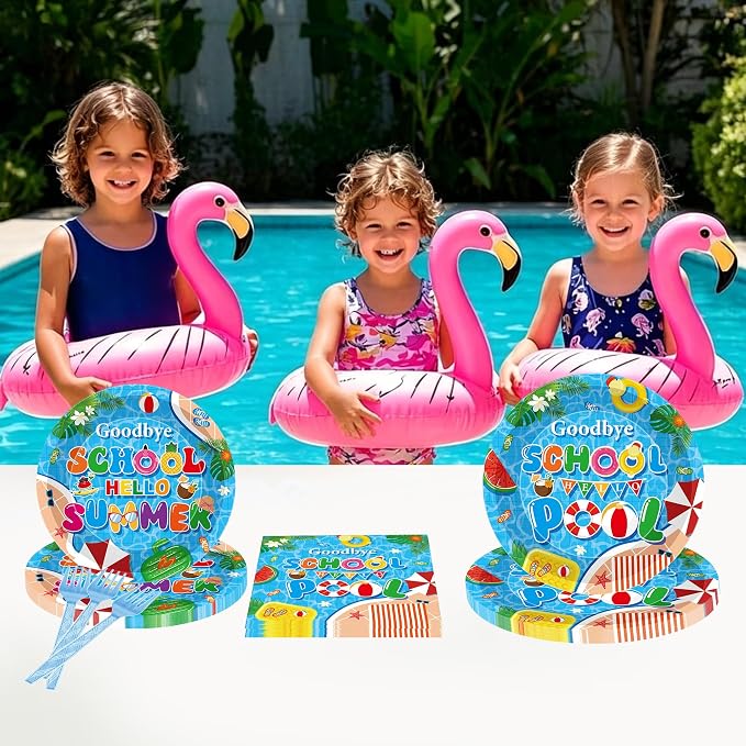 96 Pcs Goodbye School Hello Pool Party Decorations, Summer Pool Party Plates