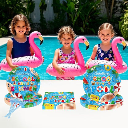 96 Pcs Goodbye School Hello Pool Party Decorations, Summer Pool Party Plates