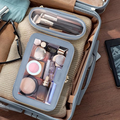 Travel Clear Makeup Bag with Makeup Brush Bag, Leather Makeup Case Toiletry Bag, Portable Cosmetic Bag Case, Transparent Waterproof Cosmetic Organizer Storage Bag for Women, Blue
