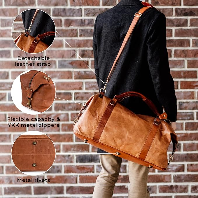Berliner Bags Vintage Leather Duffle Bag München for Travel or the Gym, Overnight Bag for Men and Women - Brown (Cognac)