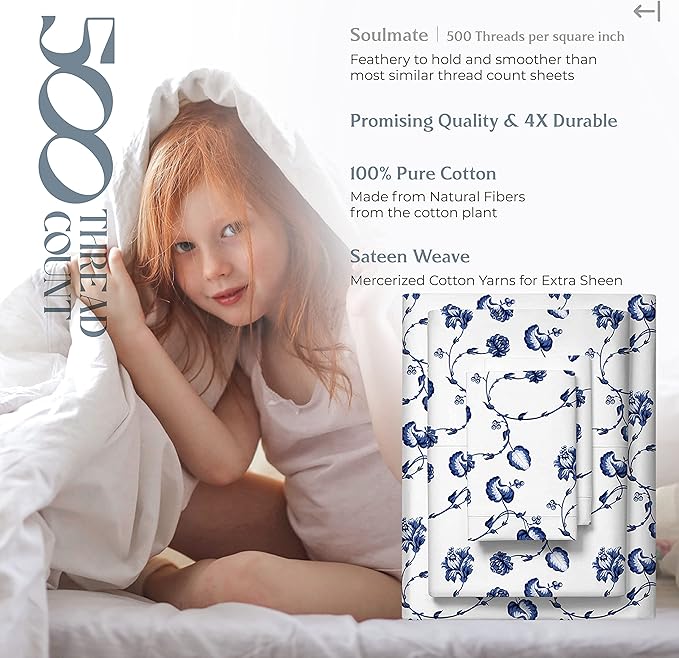 Mayfair Linen 100% Cotton Printed Bed Sheets Twin Size Set - 500 Thread Count Cotton Twin XL Sheets for Dorm Room, 3 PC Set (Floral Blue Print), Soft, Cooling, Sateen Weave 16" Deep Pocket Bedsheet