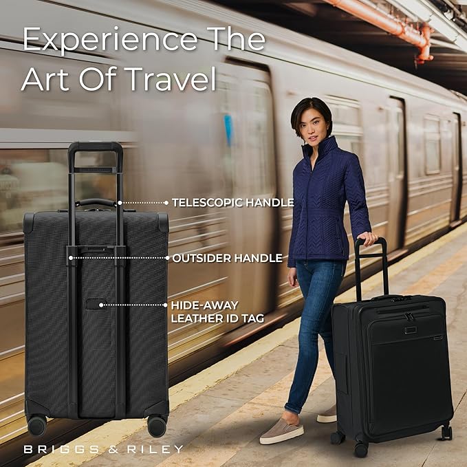 Briggs & Riley 26" Medium Expandable Spinner - Checked Luggage for Travel, Suitcases with Wheels, Softside Rolling Bag for Men & Women, Self-Repairing Zipper - Baseline Collection, Black
