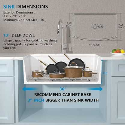 33 White Farm Sink - Fulorni 33"x20" Curved Apron Front Farmhouse Kitchen Sink Ceramic Porcelain Fireclay Single Bowl Farmer Style Basin
